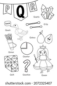 English alphabet with cartoon cute children illustrations. Kids learning material. Letter Q. Illustrations quartz, queen, quarter, quince, quiver, question. Outline collection.
