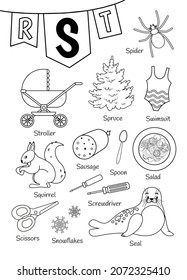 English alphabet with cartoon cute children illustrations. Kids learning material. Letter S. Illustrations stroller, seal, swimsuit, spruce, spider, scissors. Outline collection.

