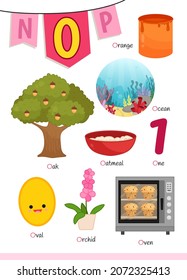 English alphabet with cartoon cute children illustrations. Kids learning material. Letter O. Illustrations oak, ocean, orange, oval, orchid, oven.

