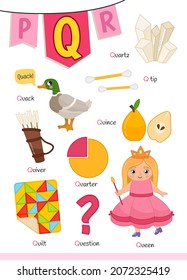 English alphabet with cartoon cute children illustrations. Kids learning material. Letter Q. Illustrations quartz, queen, quarter, quince, quiver, question.
