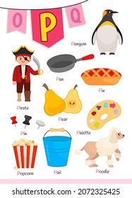 English alphabet with cartoon cute children illustrations. Kids learning material. Letter P. Illustrations pirate, penguin, pie, popcorn, palette, poodle, pear.
