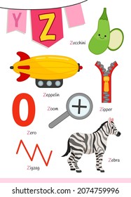English alphabet with cartoon cute children illustrations. Kids learning material. Letter Z. Illustrations zeppelin, zucchini, zebra.
