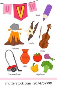 English alphabet with cartoon cute children illustrations. Kids learning material. Letter V. Illustrations violet, vanilla, volcano, vacuum cleaner, vegetables.

