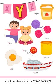 English alphabet with cartoon cute children illustrations. Kids learning material. Letter Y. Illustrations yogurt, yoga, yacht, yellow.
