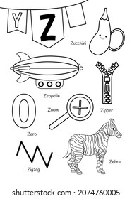 English alphabet with cartoon cute children illustrations. Kids learning material. Letter Z. Illustrations zeppelin, zucchini, zebra. Outline collection.
