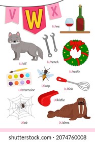 English alphabet with cartoon cute children illustrations. Kids learning material. Letter W. Illustrations wolf, watercolor, wasp, wine, walrus, web.

