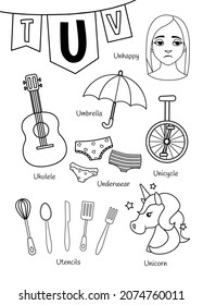 English alphabet with cartoon cute children illustrations. Kids learning material. Letter U. Illustrations ukulele, underwear, unicorn, umbrella. Outline collection.
