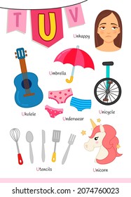 English alphabet with cartoon cute children illustrations. Kids learning material. Letter U. Illustrations ukulele, underwear, unicorn, umbrella.
