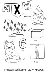 English alphabet with cartoon cute children illustrations. Kids learning material. Letter X. Illustrations xylophone, x-ray, box, fox. Outline collection.
