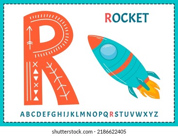 English alphabet with cartoon cute children illustrations. Kids learning material. Letter R. Illustration of a rocket