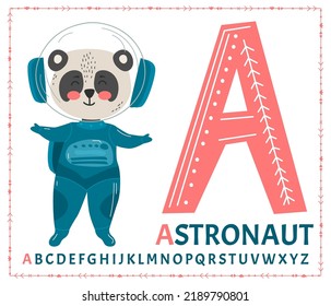 English alphabet with cartoon cute children illustrations. Kids learning material. Letter A. Illustration of a cute astronaut in space. Panda