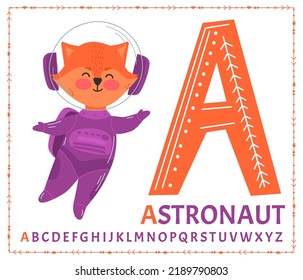 English alphabet with cartoon cute children illustrations. Kids learning material. Letter A. Illustration of a cute astronaut in space. Fox