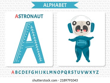 English alphabet with cartoon cute children illustrations. Kids learning material. Letter A. Illustration of a cute astronaut in space. Panda