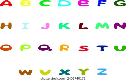 English alphabet. Cartoon font with low letters. Multi-colored capital letters on a transparent background. Vector.English alphabet. Cartoon font with