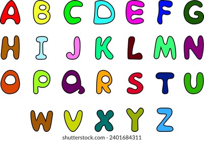 English alphabet. Cartoon font. Multi-colored capital letters with a black outline on a transparent background. Vector.