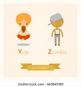 English alphabet with cartoon vector illustrations of the zombie and yogi. Y, Z letters.