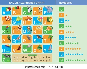 English Alphabet chart with graphics and Numbers for Nursery Children, Montessori kids learning kit. ABC Chart Vector Illustration