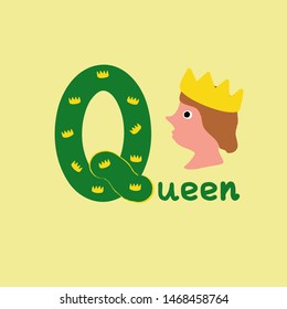 English alphabet for children education, letter Q uppercase with word. Cute kids colorful ABC alphabet in cartoon style, flashcard for learning English vocabulary, vector illustration