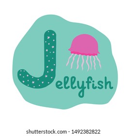 English alphabet for children, letter J uppercase with word. Cute kids colorful ABC alphabet in cartoon style, flashcard for learning English vocabulary, vector illustration