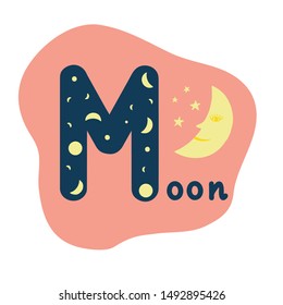 English alphabet for children, letter M uppercase with word. Cute kids colorful ABC alphabet in cartoon style, flashcard for learning English vocabulary, vector illustration