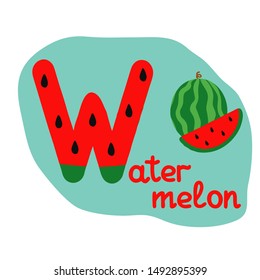 English alphabet for children, letter W uppercase with word. Cute kids colorful ABC alphabet in cartoon style, flashcard for learning English vocabulary, vector illustration