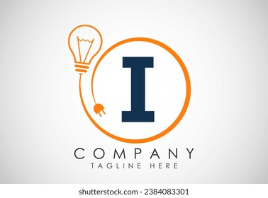 English alphabet I in a circle with electric bulb and plug. Electricity, industrial and technology logo