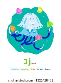 English alphabet Colored cartoon with letter J for children, with pictures to these letter with jellyfish, juggling, jelly, jacket, jeans. - Vector