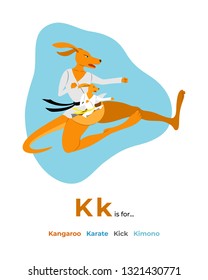 English alphabet Colored cartoon with letter K for children, with pictures to these letter with kangaroo, karate, kick, kicking, kimono, baby kangaroo, fighting. - Vector