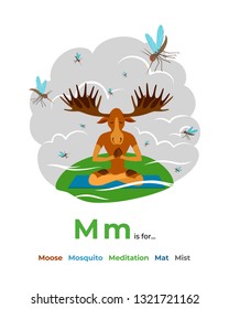 English alphabet Colored cartoon with letter M for children, with pictures to these letter with moose, mosquito, meditation, mat, mist. - Vector