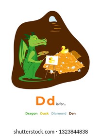 English alphabet Colored cartoon with letter D for children, with pictures to these letter with dragon, duck, diamond, den. - Vector