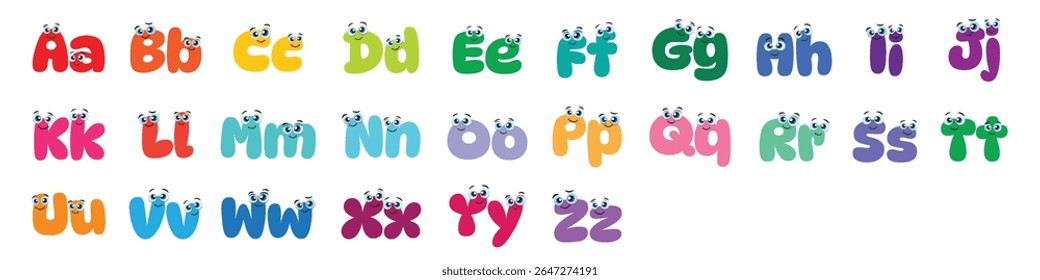 English alphabet with Colored Cute Cartoon letters with big eyes on a white background. Cartoon style alphabet with funny eyes.