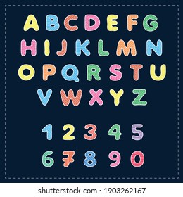 English alphabet. Colored letters and numbers with lines and waves. Vector illustration