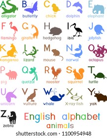 English alphabet with colored silhouettes of different cartoon animals and titles for children education