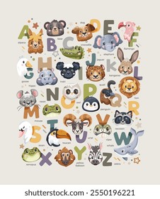 English alphabet with colorful cute animals and tiny doodles on a light beige background