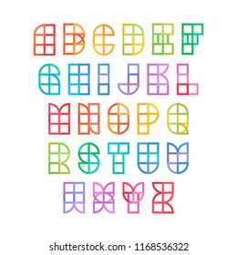 English alphabet colorful set in geometrical flat style and colors on a white bacground. Vector design template elements for application, typographyc poster, titles, business or company.