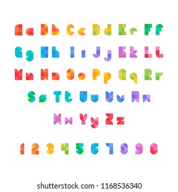 English alphabet colorful set in geometrical flat style and colors on a white bacground. Vector design template elements for application, typographyc poster, titles, business or company.