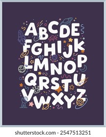 English alphabet with colorful space-themed doodles on dark background