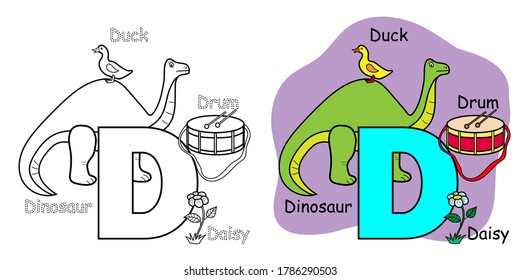 English alphabet coloring book for children. Letter D