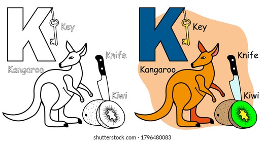 English alphabet coloring book page for children. Letter K is for Kangaroo, Kiwi, Knife, Key. Vector illustration.