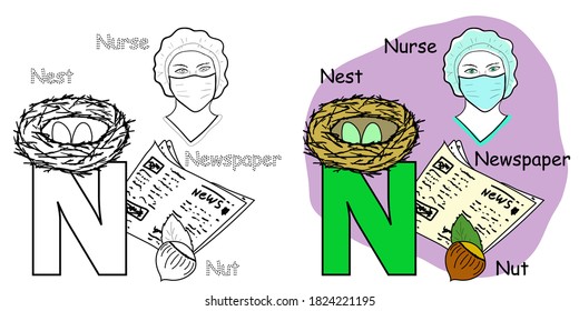 English alphabet coloring book page for children. Letter N is for Nurse, Nut, Nest, Newspaper. Vector illustration.