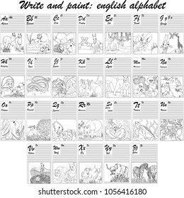 English alphabet, coloring outline, write and paint. Set of cards, illustration and text