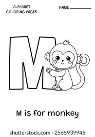 English alphabet coloring page M is for monkey