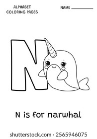 English alphabet coloring page N is for narwhal