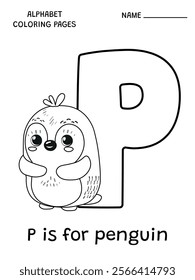 English alphabet coloring page P is for penguin