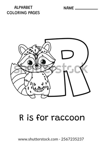 English alphabet coloring page Ris for raccoon