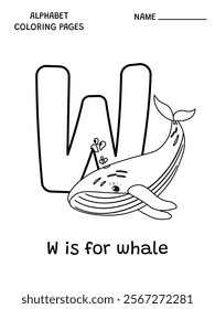 English alphabet coloring page W is for whale