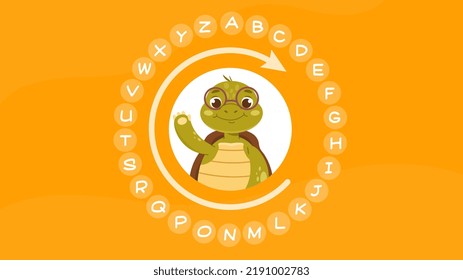 English alphabet concept. Colorful orange poster with letters from English language and smart turtle teacher. Design element for books. Education or lesson for children. Cartoon flat illustration