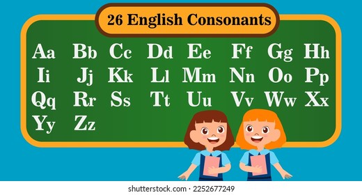 The English alphabet consists of 26 letters, consonants, letters for children. learn english