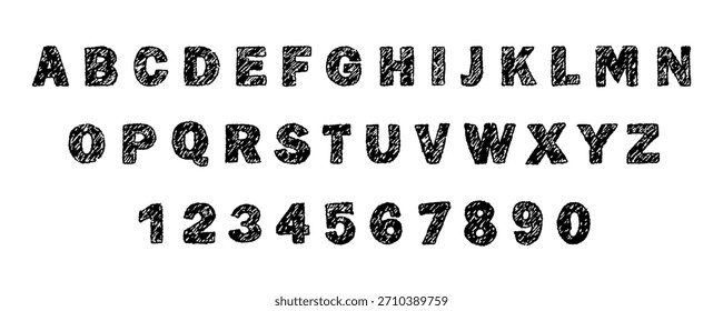Lápis de cera do alfabeto inglês. Fonte de texto áspera com lápis desenhado. Textura de giz ou cera. Ilustração vetorial.