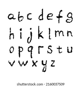 English alphabet, crooked torn small letters. Black and white vector isolated illustration hand drawn. Card or poster